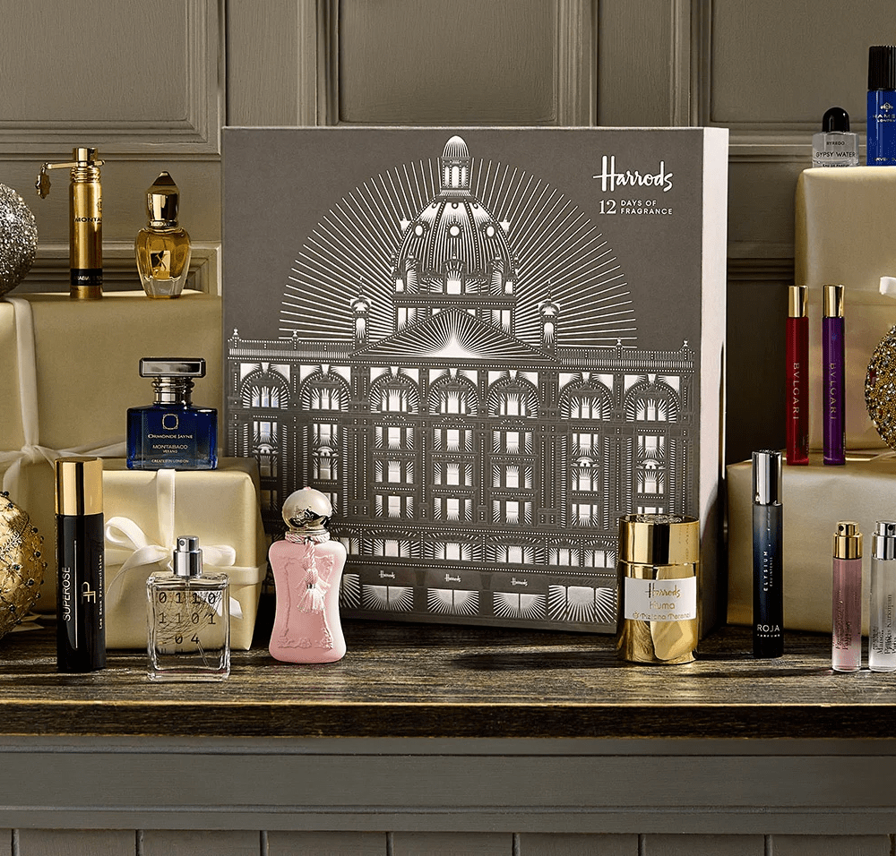 Elevate your holiday season with the Harrods luxury Fragrance Advent Calendar, showcasing Maison Francis Kurkdjian, Parfums de Marly and Byredo.