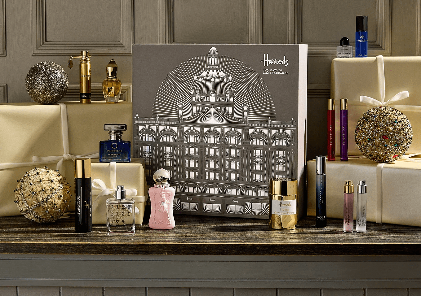 Elevate your holiday season with the Harrods luxury Fragrance Advent Calendar, showcasing Maison Francis Kurkdjian, Parfums de Marly and Byredo.