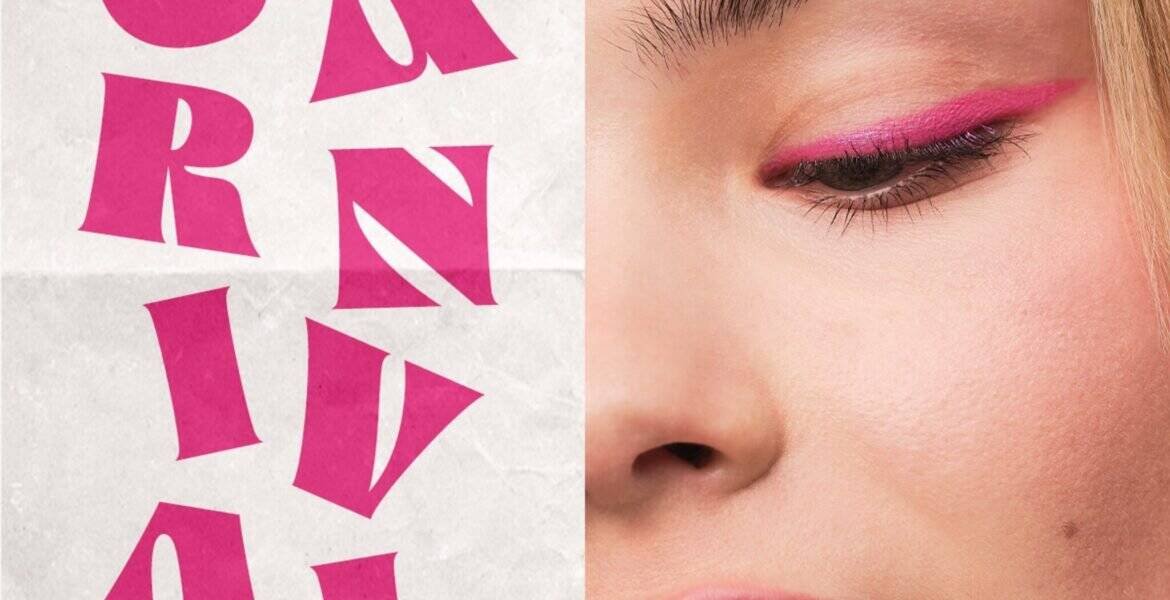 Close up of young woman's face wearing bright pink eyeliner next to poster with pink lettering advertising Harrods H Beauty Carnival