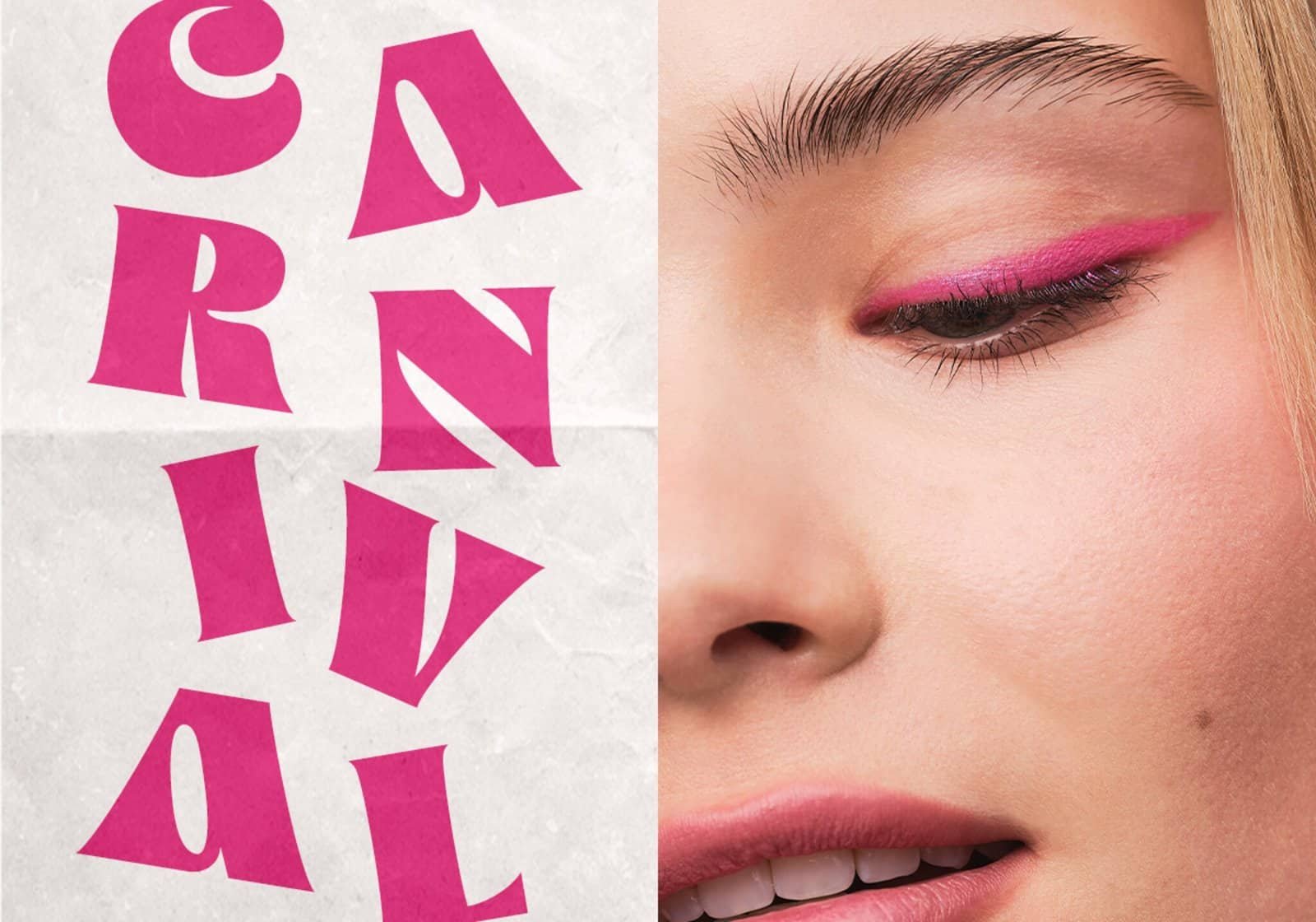 Close up of young woman's face wearing bright pink eyeliner next to poster with pink lettering advertising Harrods H Beauty Carnival